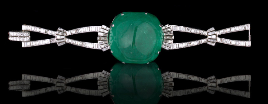 ON HOLD Stunning Art Deco Platinum Diamond Cabochon Emerald Bracelet by  Charles Holl
