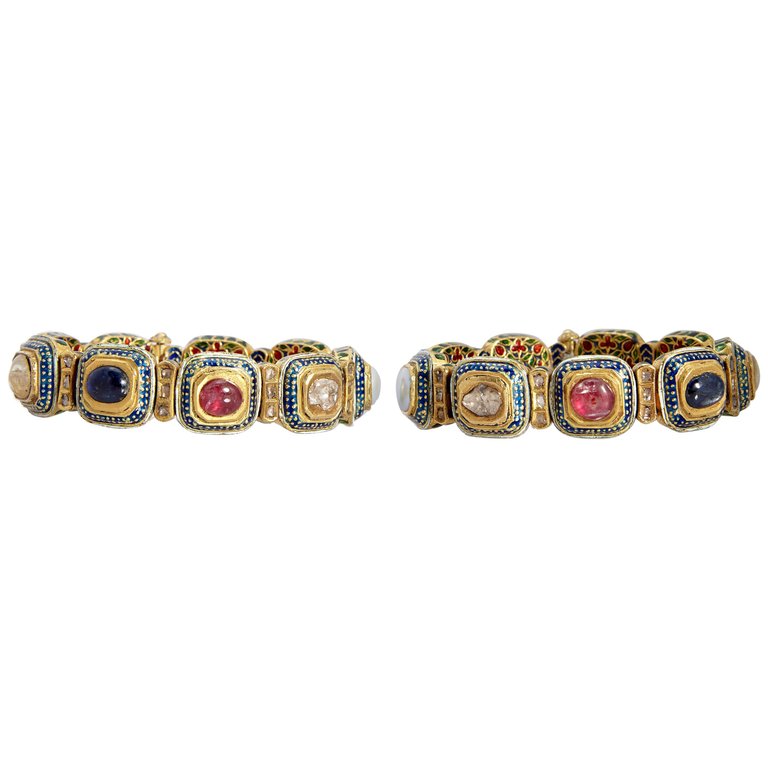 Antique Pair Bracelets Gold Gems Enamel Mughal Navaratna Amulets Appraisal (5759