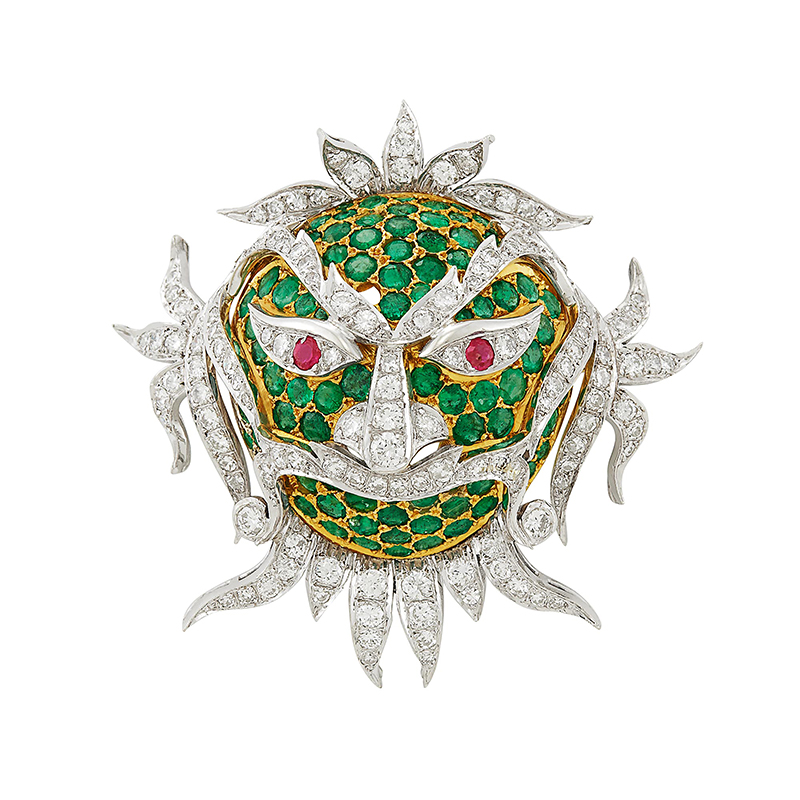 Emerald Diamond and Ruby Mask Brooch - Eleuteri