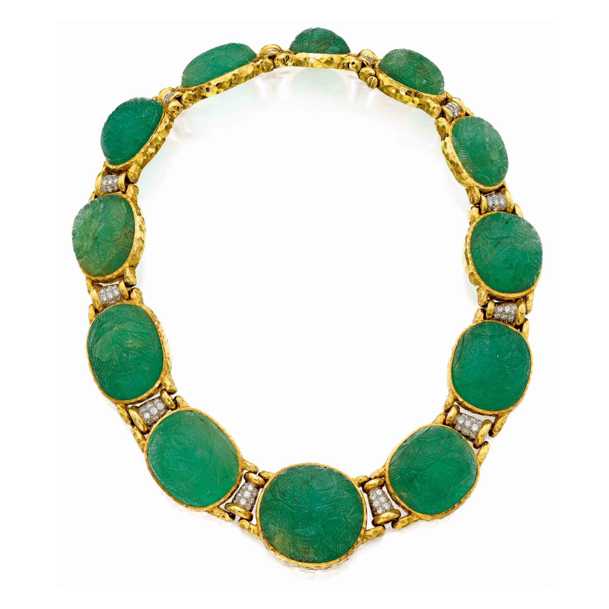 David Webb Carved Emerald & Diamond Necklace - Eleuteri