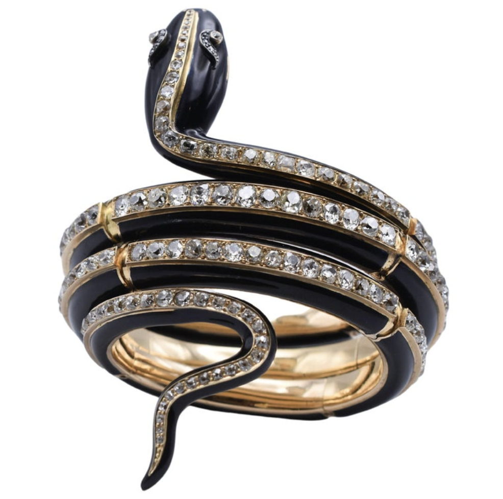 Antique Victorian 18k Gold & Black Enamel Diamond Snake Bracelet - Eleuteri